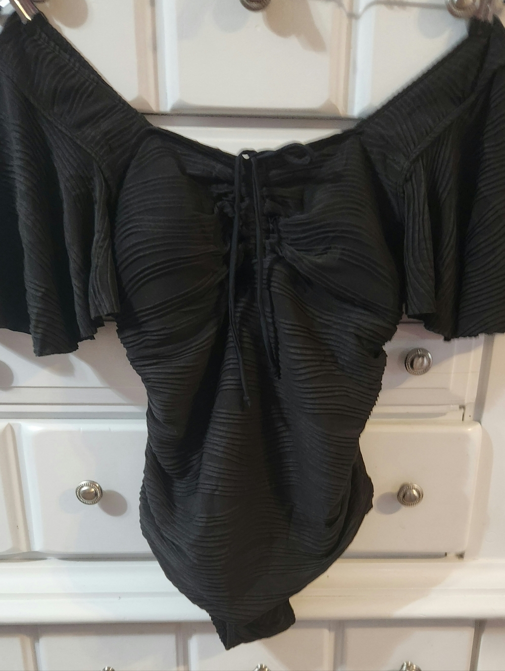 Brand New Womens Black Off-Shoulder Ruffle Swimsuit